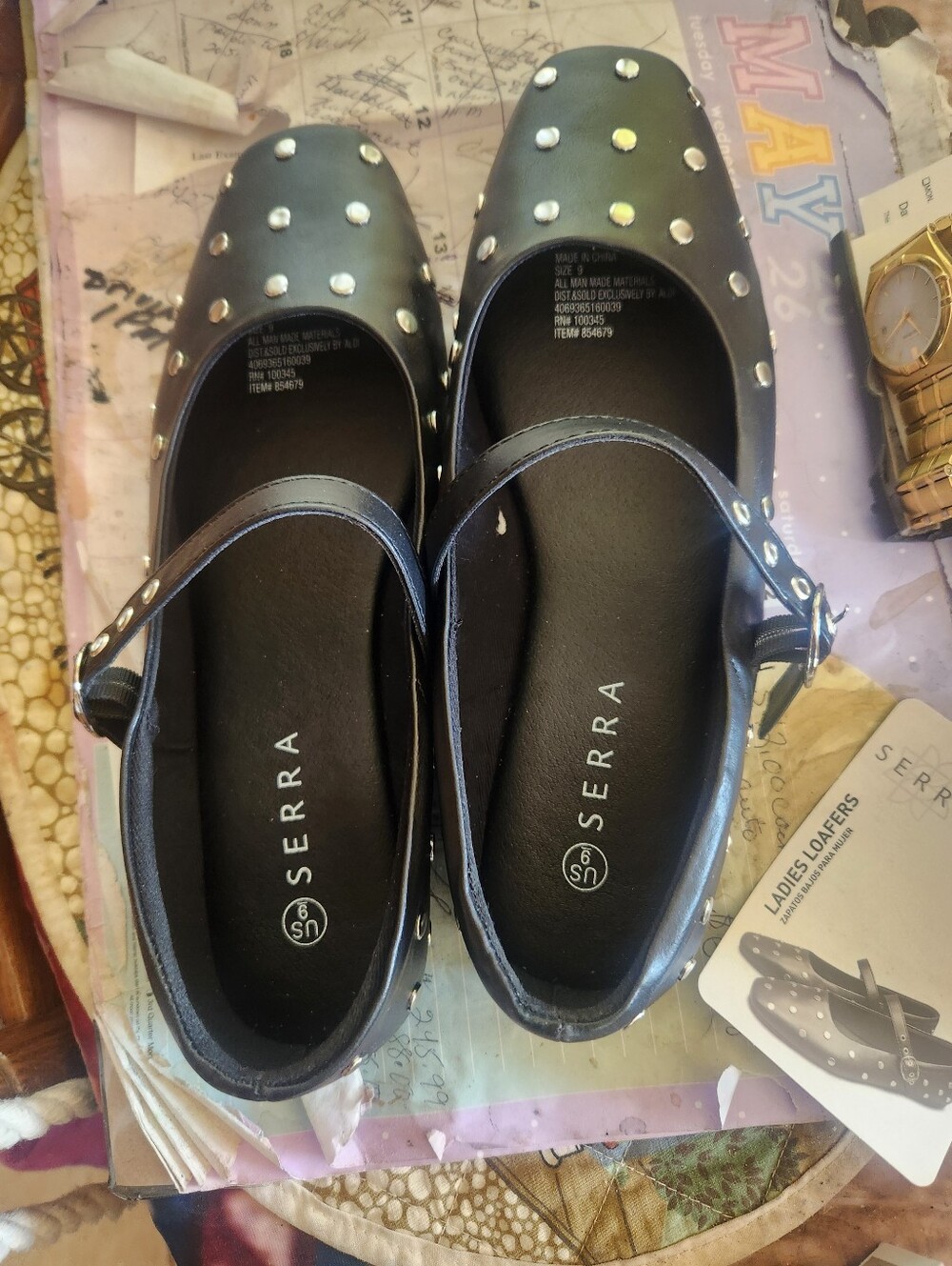 Serra Black Studded Mary Jane Flats with Buckle Strap